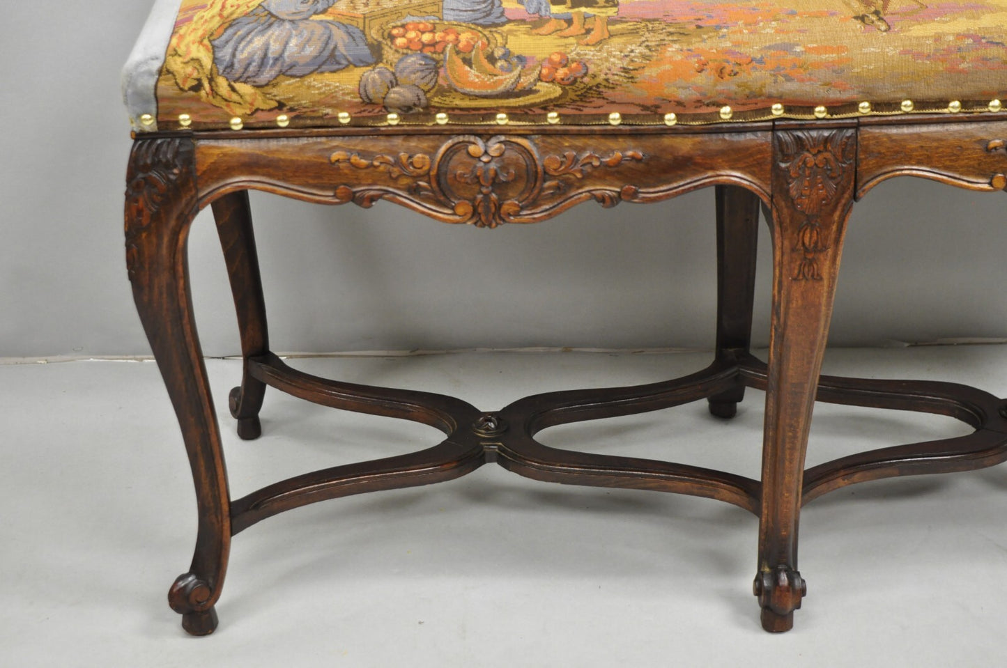 Vintage French Country Louis XV Style Walnut Bench w/ Arabian Market Tapestry