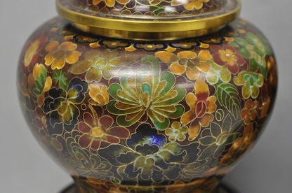 Vintage Cloisonné Chinese Small Enameled Brown Covered Ginger Jar on Stand, Pair