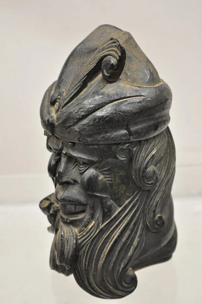 19th C European Black Forest Figural Wood Carved Bearded Man Lidded Tobacco Jar