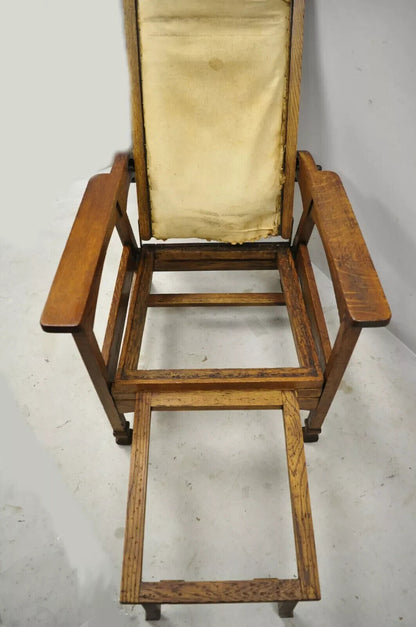 Antique Mission Oak Arts & Crafts Reclining Morris Chair w Flip Footrest Ottoman