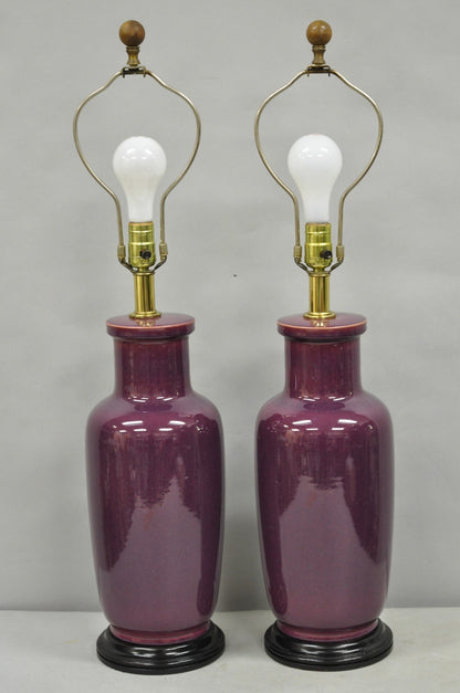 Vintage Chinoiserie Plum Purple Ceramic Porcelain Jardiniere Table Lamps - Pair