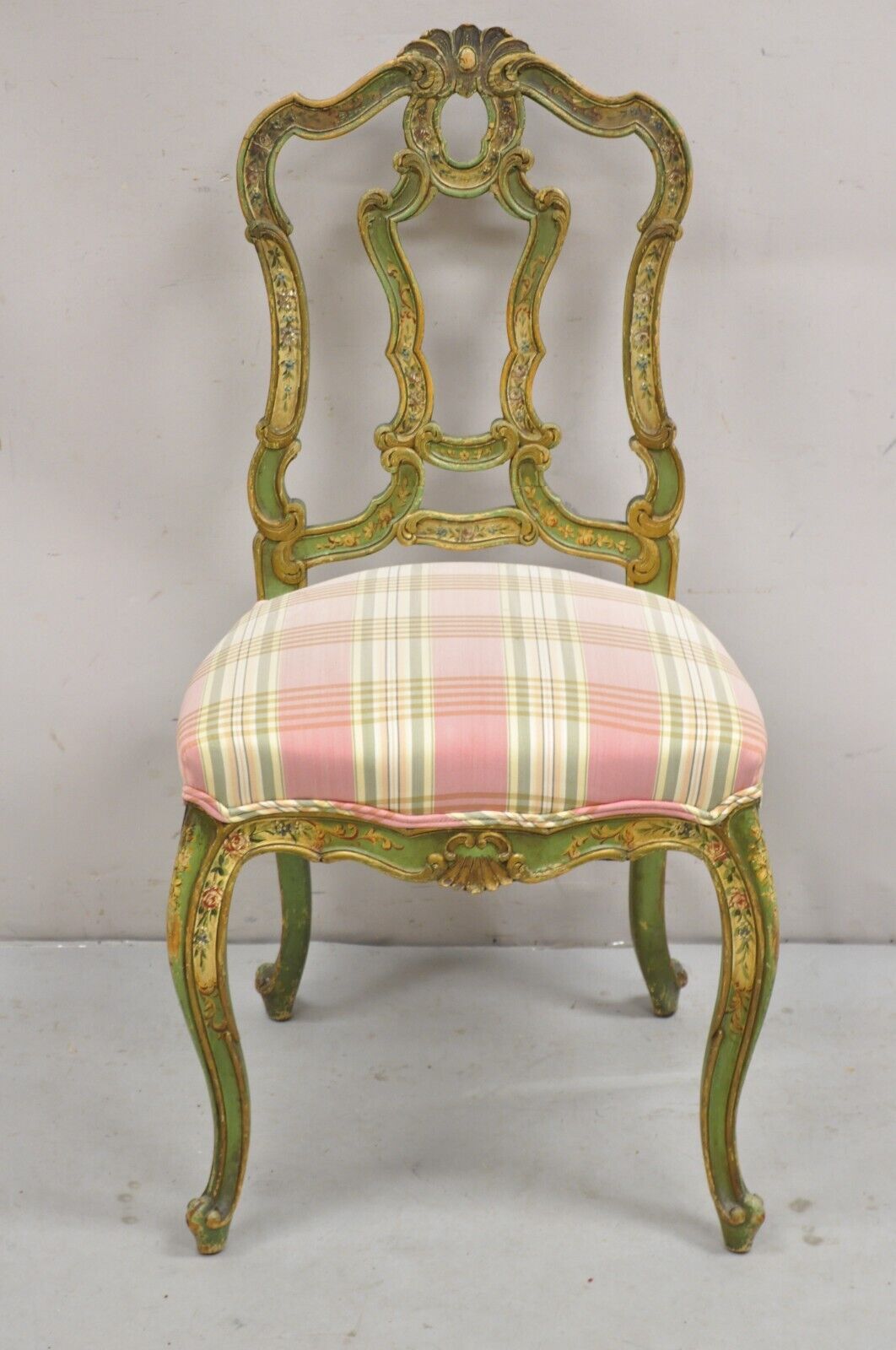 Antique Italian Venetian Green Floral Hand Painted Dining Side Chairs - Set of 4