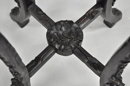 Antique Chinoiserie Chinese Carved Hardwood Marble Top 36" Pedestal Plant Stand