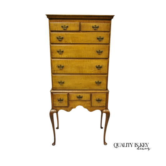 Antique New England Queen Anne Curly Tiger Maple Small Chest Dresser Highboy