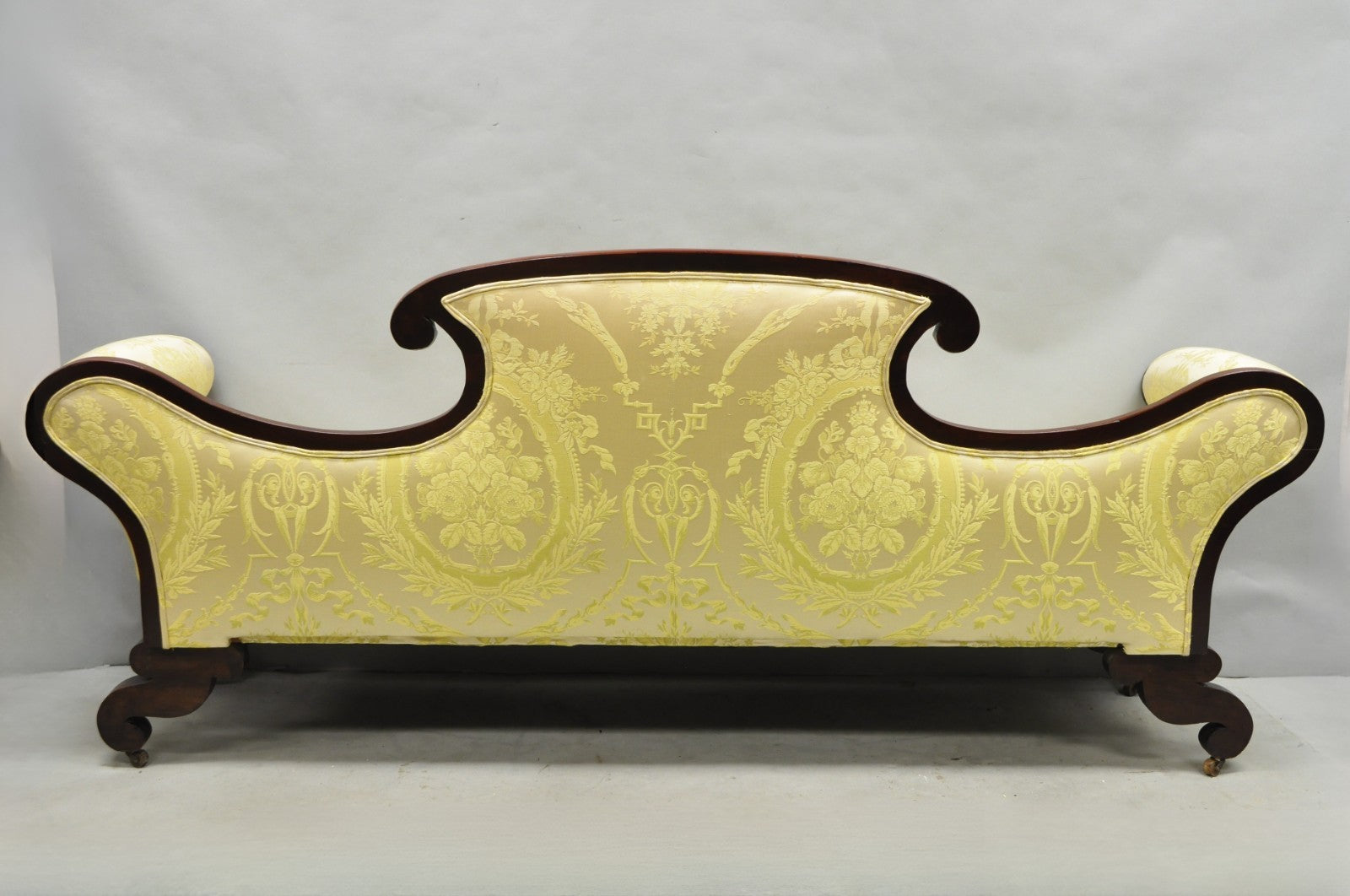 Antique American Empire Neoclassical Carved Mahogany Sofa with Gold Fabric