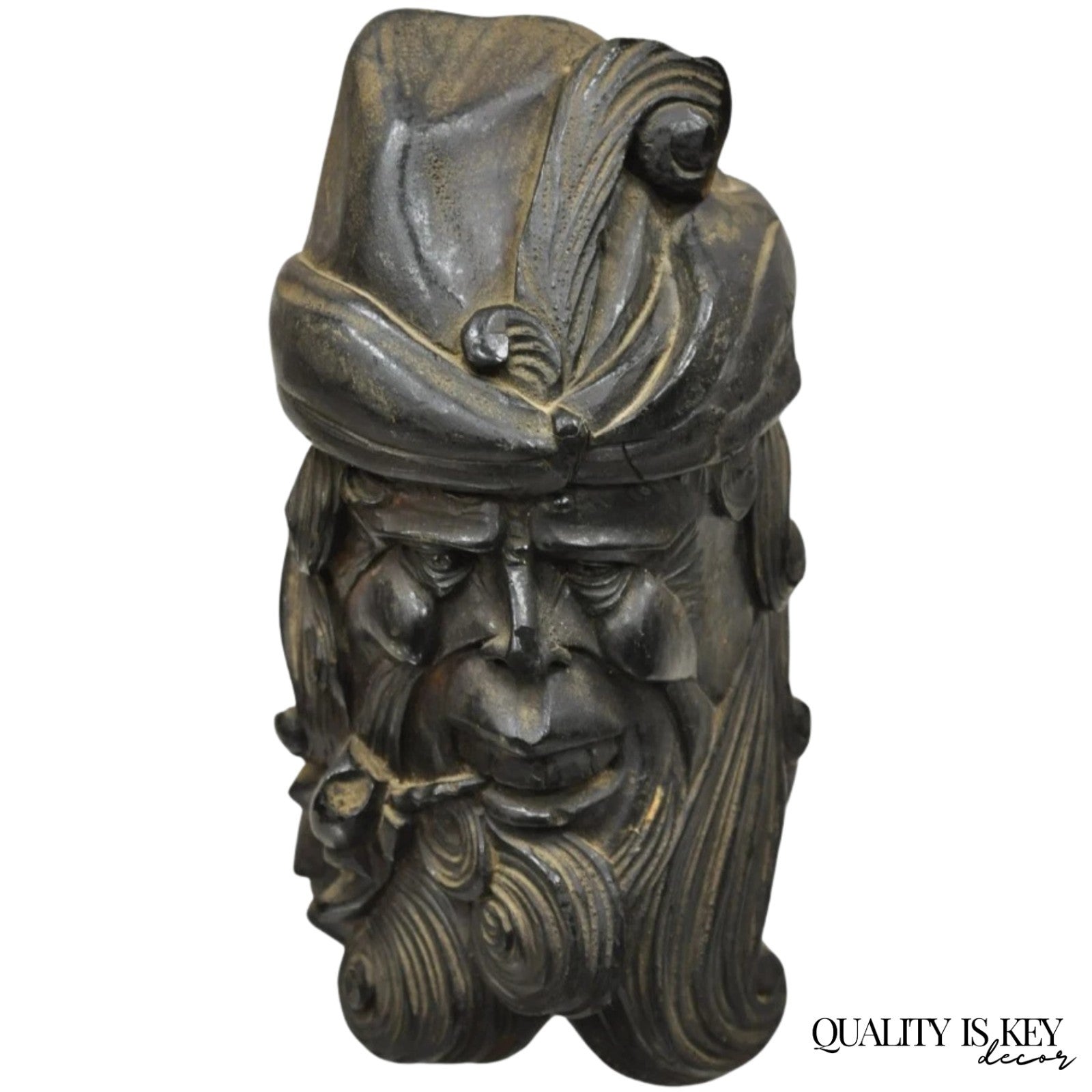 19th C European Black Forest Figural Wood Carved Bearded Man Lidded Tobacco Jar
