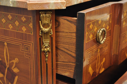 Vintage French Louis XV Style Marquetry Inlay Marble Top Commode Dresser Chest