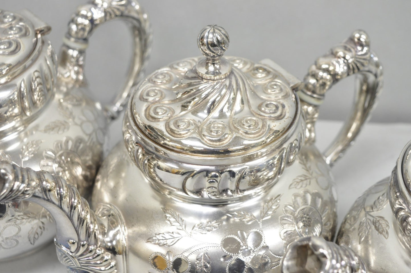 Antique Meriden B Co French Renaissance Silver Plated Figural Tea Set - 7 Pcs
