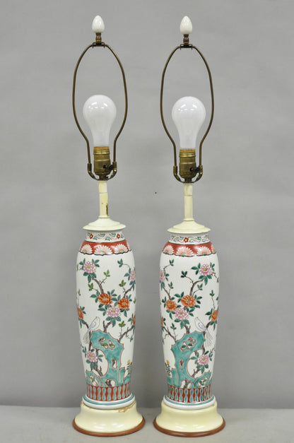 Vintage Chinoiserie Chinese Porcelain Jardinière Vase Flower Table Lamps - Pair