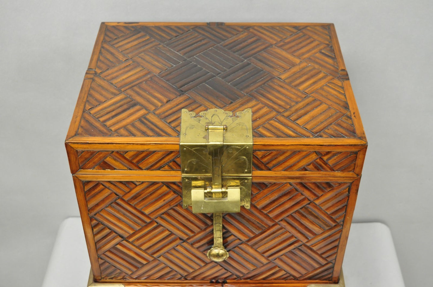 Furniture Classics Ltd Chinese Teak & Bamboo Campaign Chest Side Table on Stand