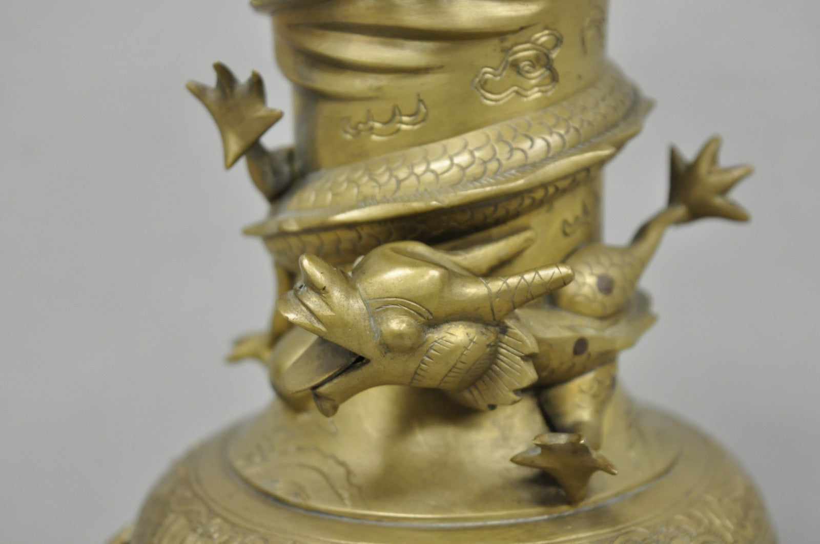 Vintage Japanese Dragon Relief Bronze Chinese 10" Oriental Flower Vase - a Pair