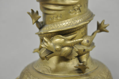 Vintage Japanese Dragon Relief Bronze Chinese 10" Oriental Flower Vase - a Pair
