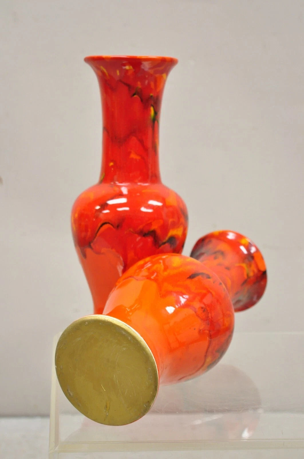 Vintage Red Lava Drip Glazed Mid Century Modern Ceramic Pottery Vessel Vase Pair