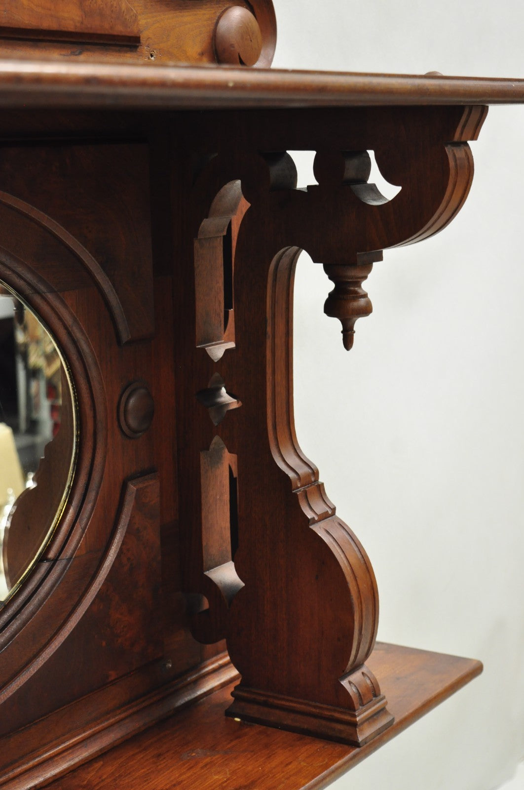 Antique Eastlake Victorian Carved Walnut Oval Mirror Sideboard Backsplash Shelf