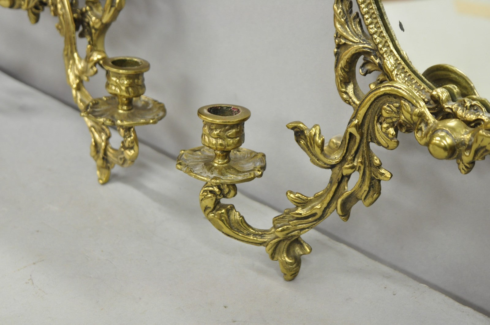 Antique French Rococo Louis XV Brass Oval Mirror Candelabra Wall Sconces - Pair