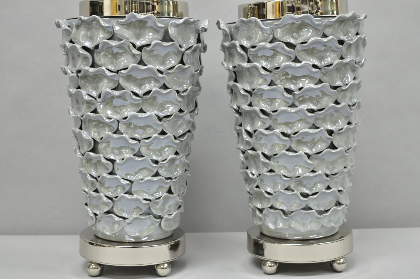Contemporary Modern Gray Porcelain Leaf Leaves Chrome Table Lamps - a Pair