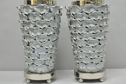 Contemporary Modern Gray Porcelain Leaf Leaves Chrome Table Lamps - a Pair