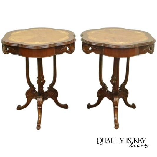 Antique French Louis XV Style Satinwood Floral Inlay Walnut Side Tables - a Pair