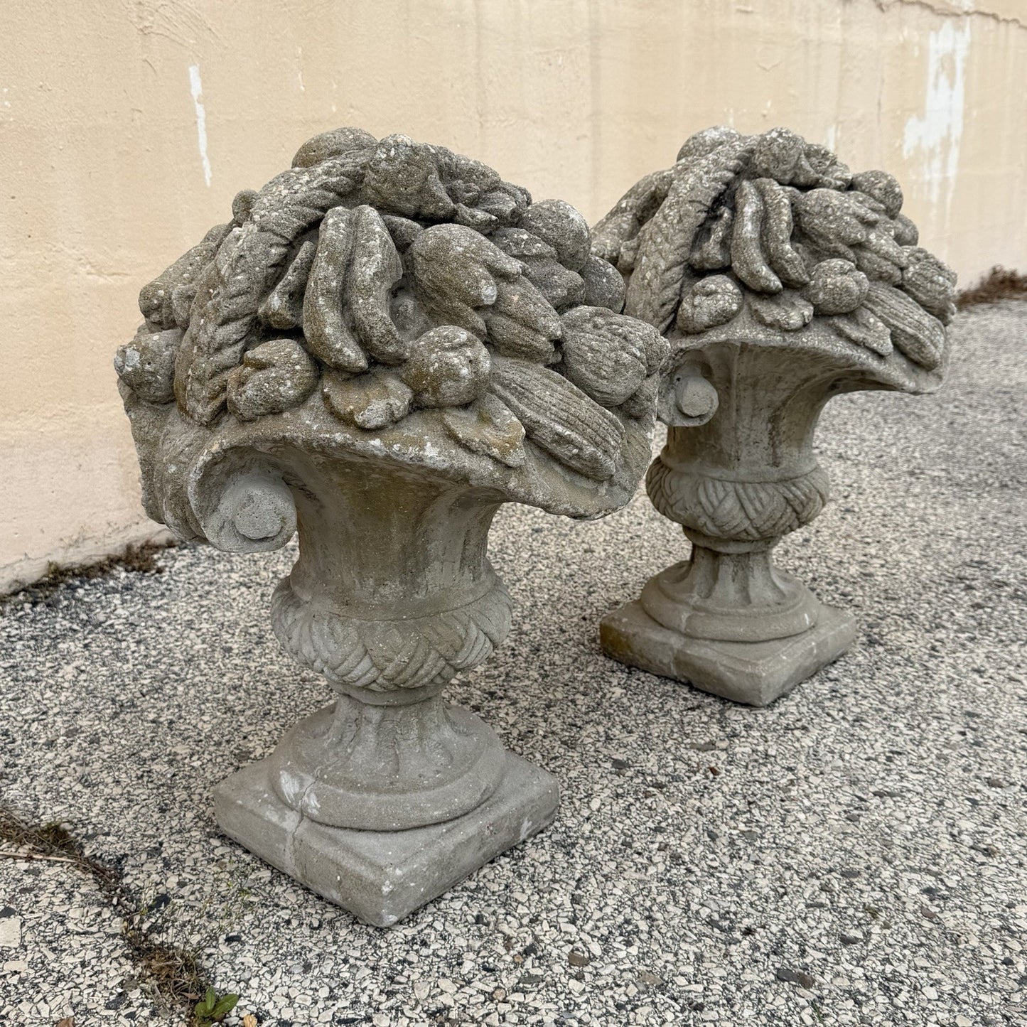 Vintage Cast Cement Stone 26" Fruit & Flower Basket Garden Lawn Ornament - Pair