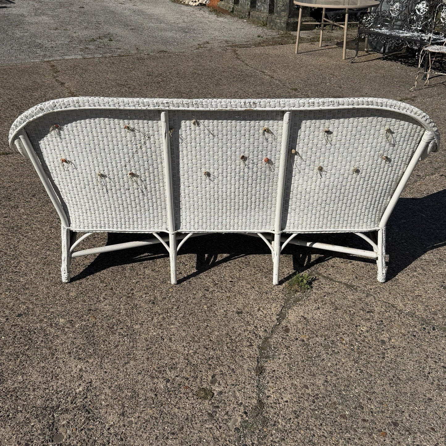 Antique Victorian White Wicker Rattan Sunroom Patio Sofa w/ Loose Cushions