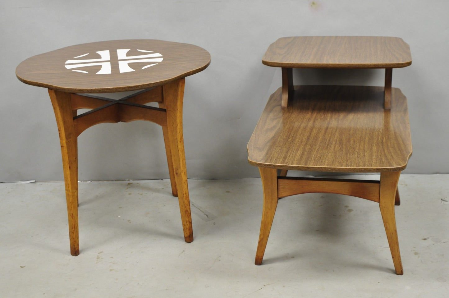 Vintage Mid Century Modern Walnut & Formica Round & Step Side Table Set - 2 pcs