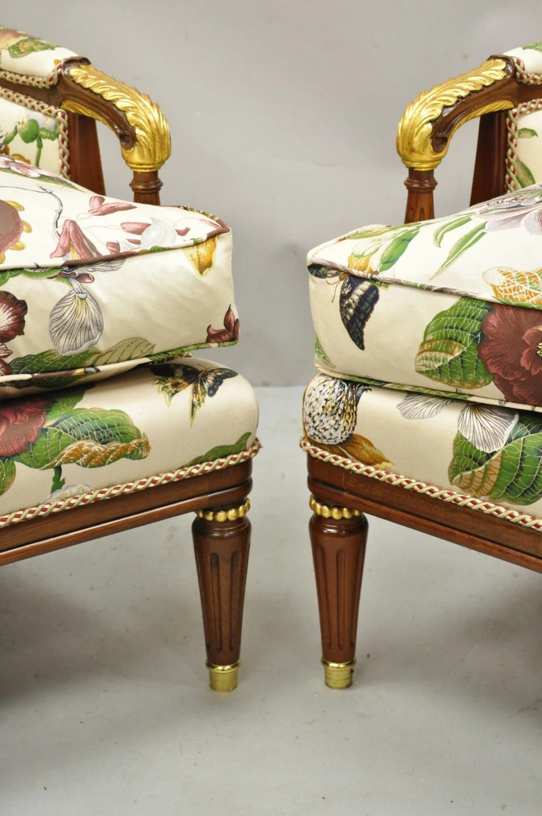 Vintage French Regency Style Floral Print Mahogany Bergere Lounge Chairs - Pair