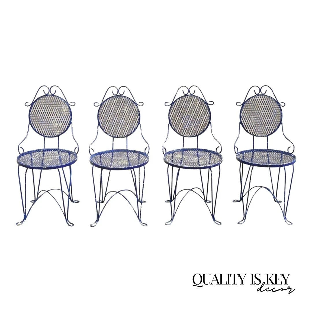 Vintage Victorian Blue Wrought Iron Small Garden Bistro Dining Chairs - Set of 4
