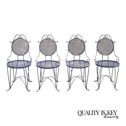 Vintage Victorian Blue Wrought Iron Small Garden Bistro Dining Chairs - Set of 4