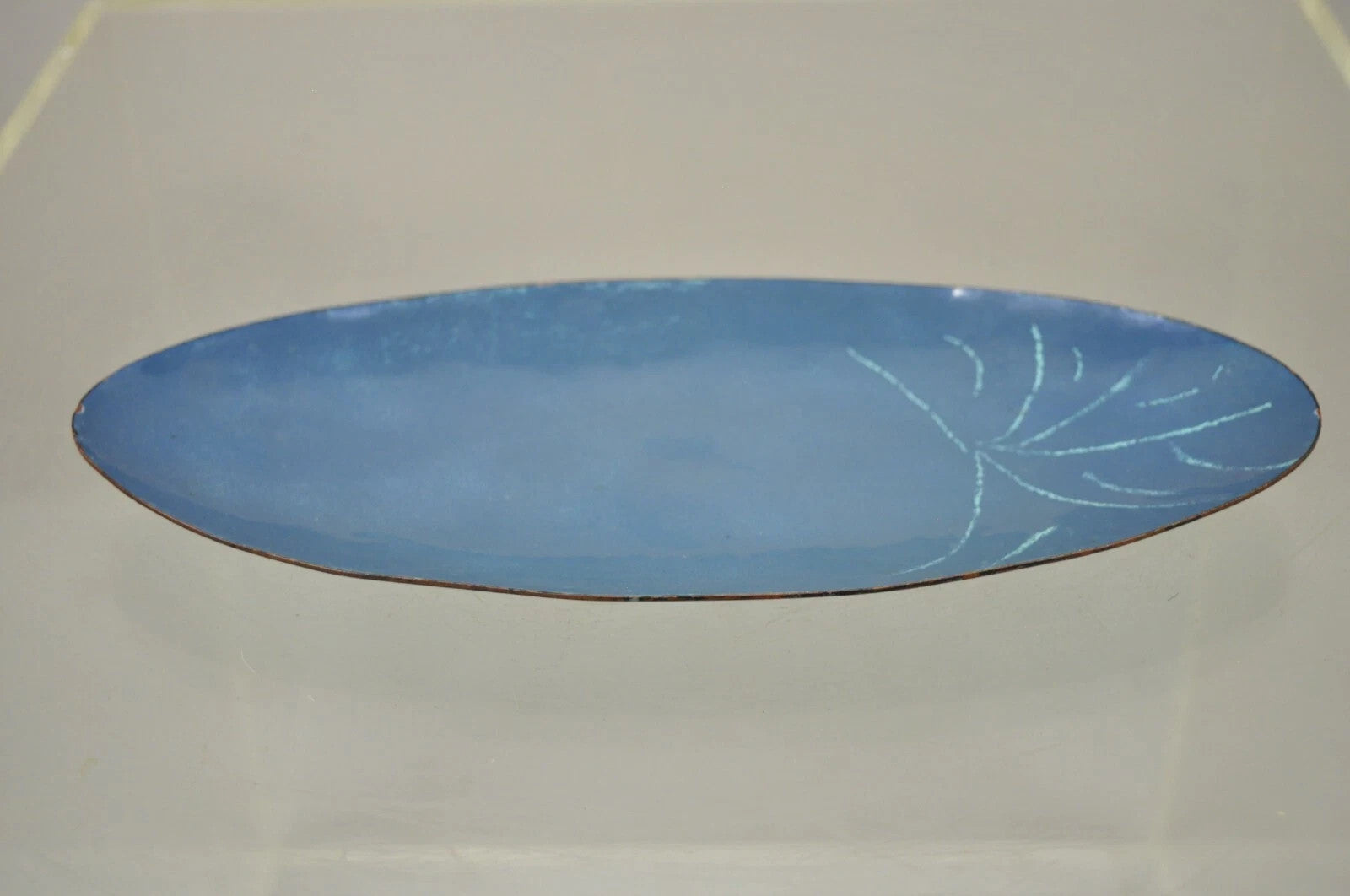 Vintage Mid Century Modern Blue Porcelain Enamel Copper 10" Oval Trinket Dish