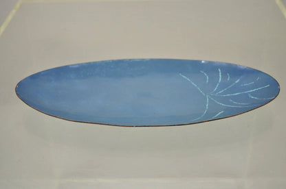 Vintage Mid Century Modern Blue Porcelain Enamel Copper 10" Oval Trinket Dish