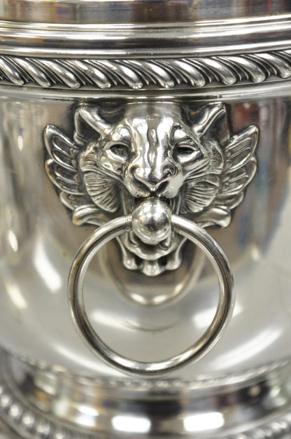 Vintage English Regency Silver Plated Lion Head Lidded Ice Bucket by Poole