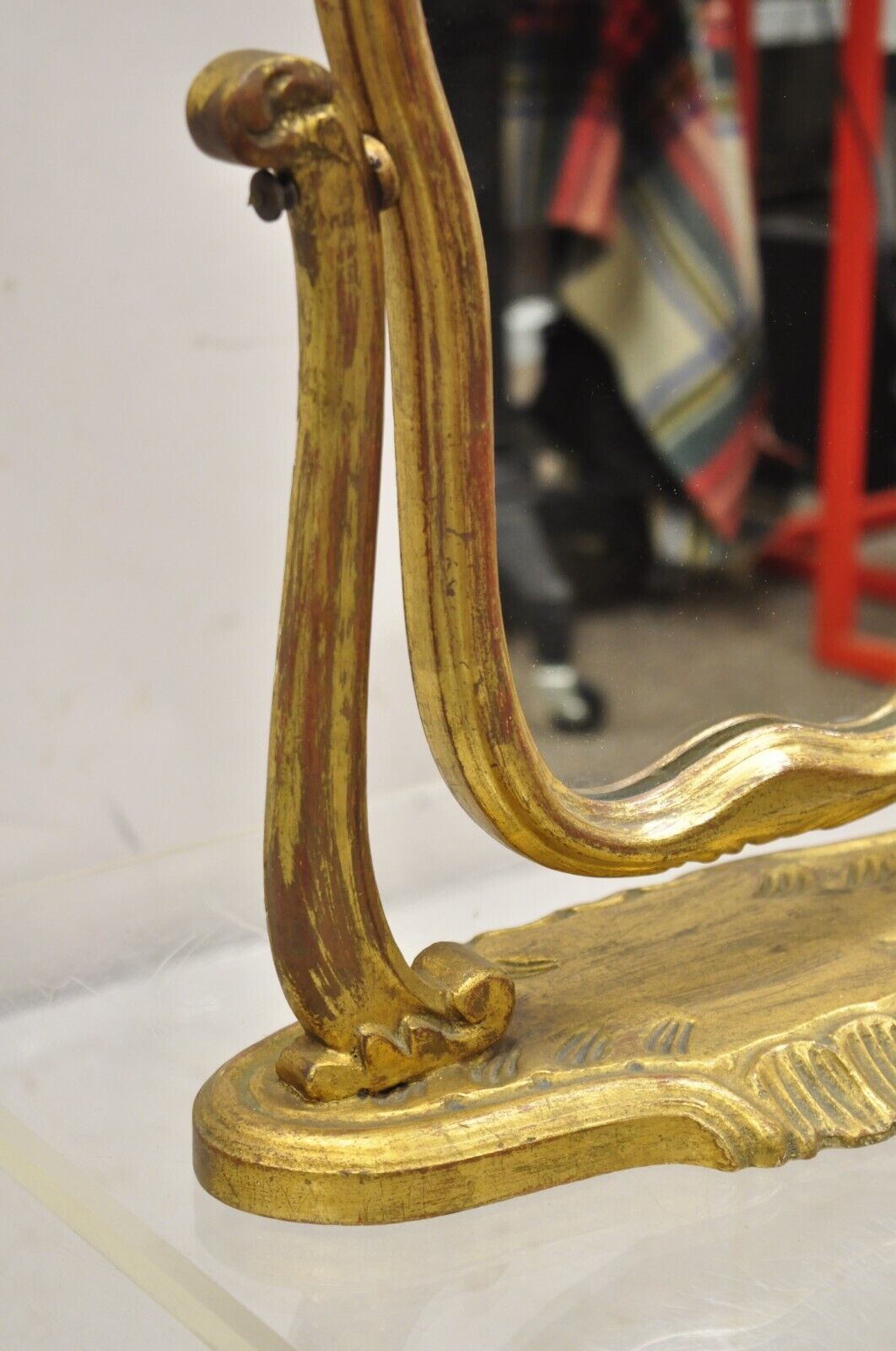 Italian Hollywood Regency Carved Gold Giltwood Distressed Small Vanity Mirror