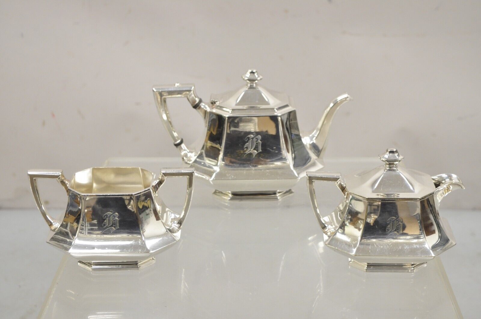 Antique Wallace 3104N Art Deco Octagonal Silver Plated Tea Set- 5 Pc Set
