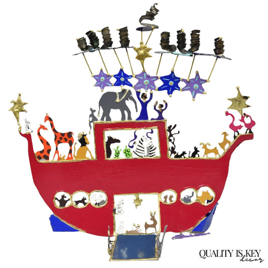 Modern Noah's Ark Cut Steel Judaica Art Hannukah Menorah Candelabra Sculpture