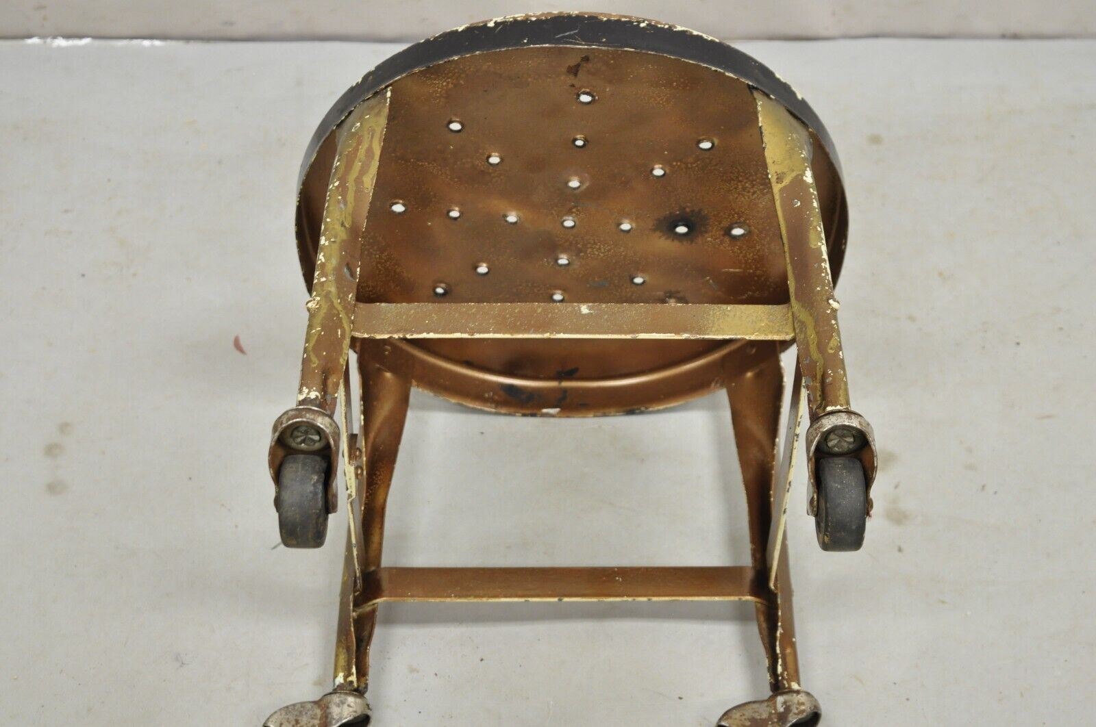 Antique American Industrial Distressed Painted Steel Metal Rolling Low Stool