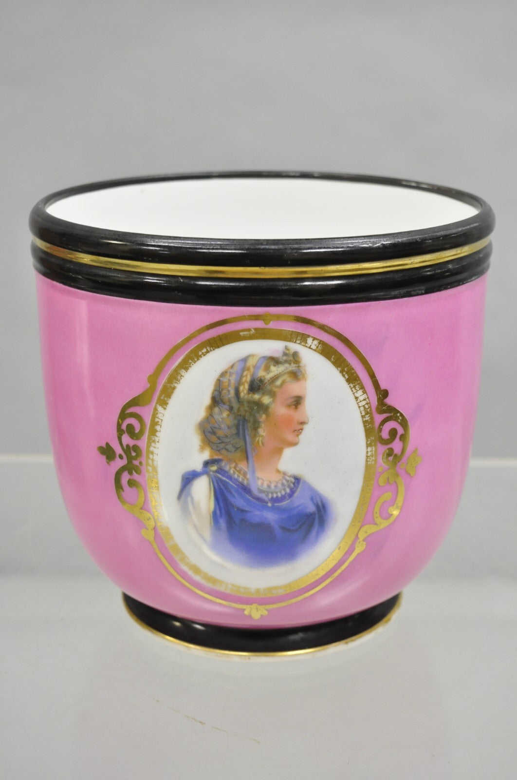 Antique French Porcelain Pink Hand Painted Portrait Cachepot Jardiniere Vase