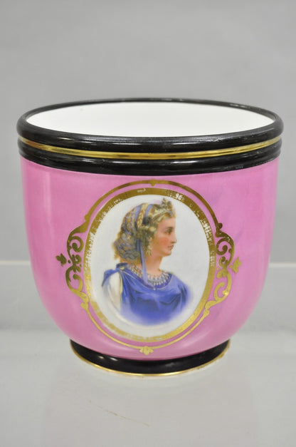 Antique French Porcelain Pink Hand Painted Portrait Cachepot Jardiniere Vase