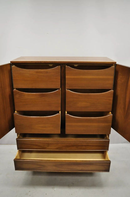 Vintage Mid Century Modern Sculpted Walnut V-Leg Tall Chest Dresser Cabinet