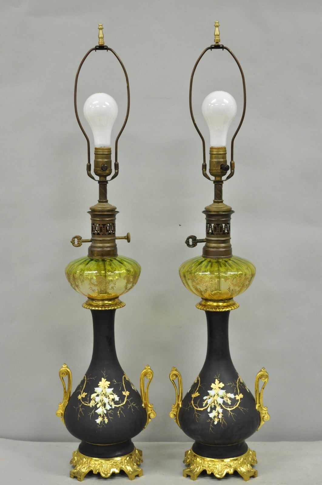 Antique Victorian French Black Porcelain Bronze Ormolu Oil Lamp Table Lamps Pair
