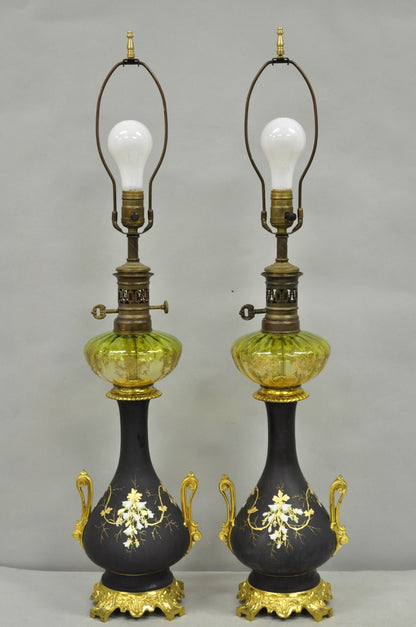 Antique Victorian French Black Porcelain Bronze Ormolu Oil Lamp Table Lamps Pair