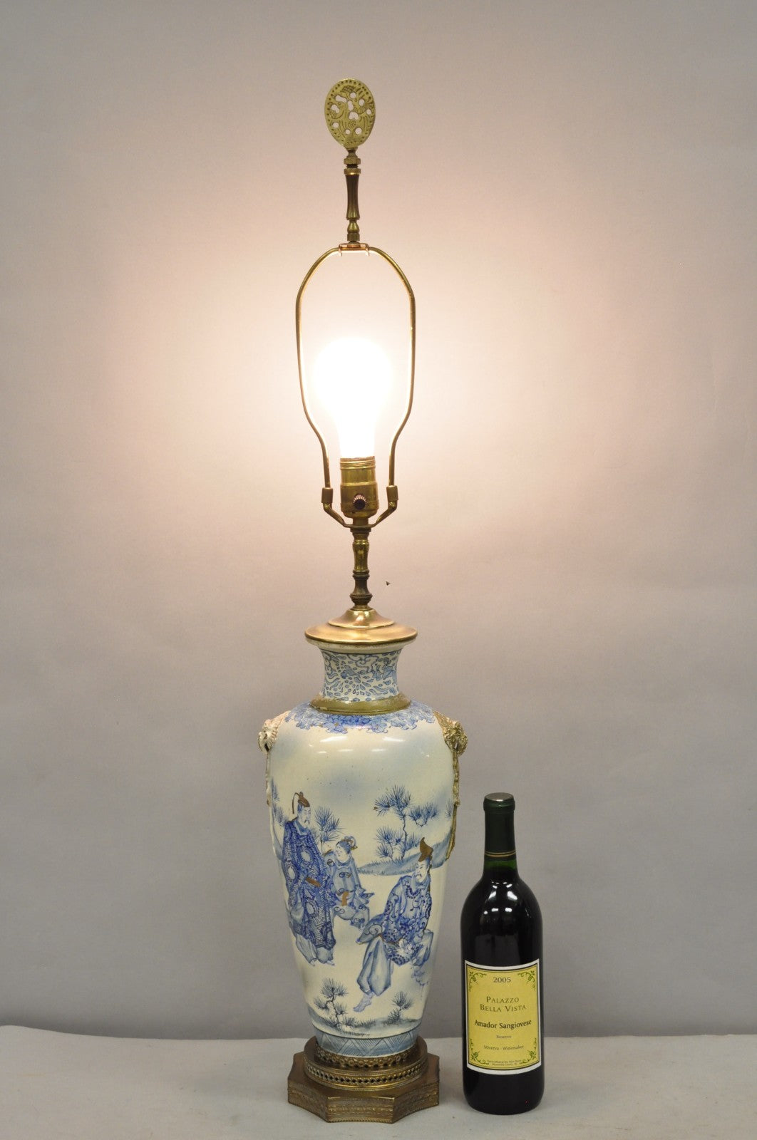 Vintage Japanese Blue White Porcelain Jardinierie Vase Chinoiserie Table Lamp