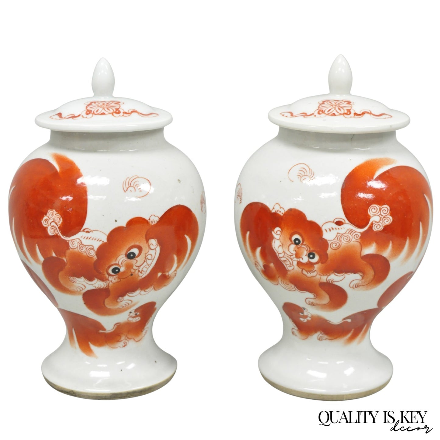 Vintage Chinese Hand Painted Foo Dog Porcelain Covered Ginger Jar - a Pair