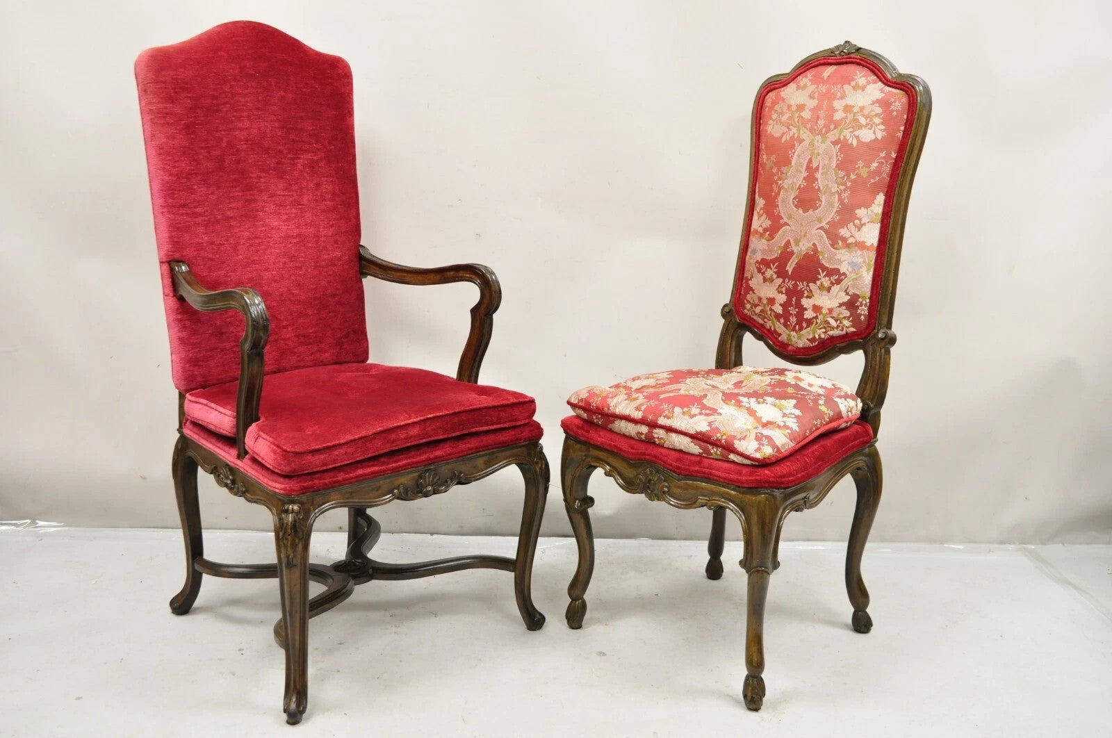 Vintage Italian Regency Style Carved Walnut Red Fabric Dining Chairs - Set of 6