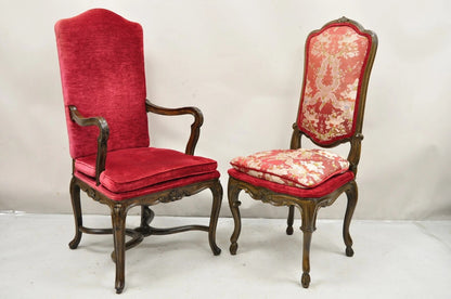 Vintage Italian Regency Style Carved Walnut Red Fabric Dining Chairs - Set of 6