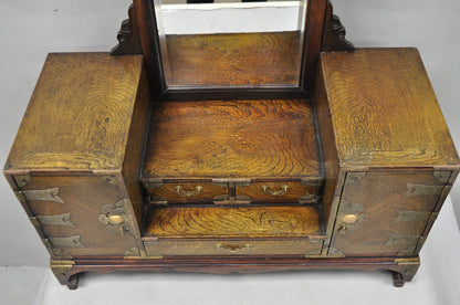 Antique Japanese Wood & Brass Small Low Kyodai Vanity Dressing Table with Mirror