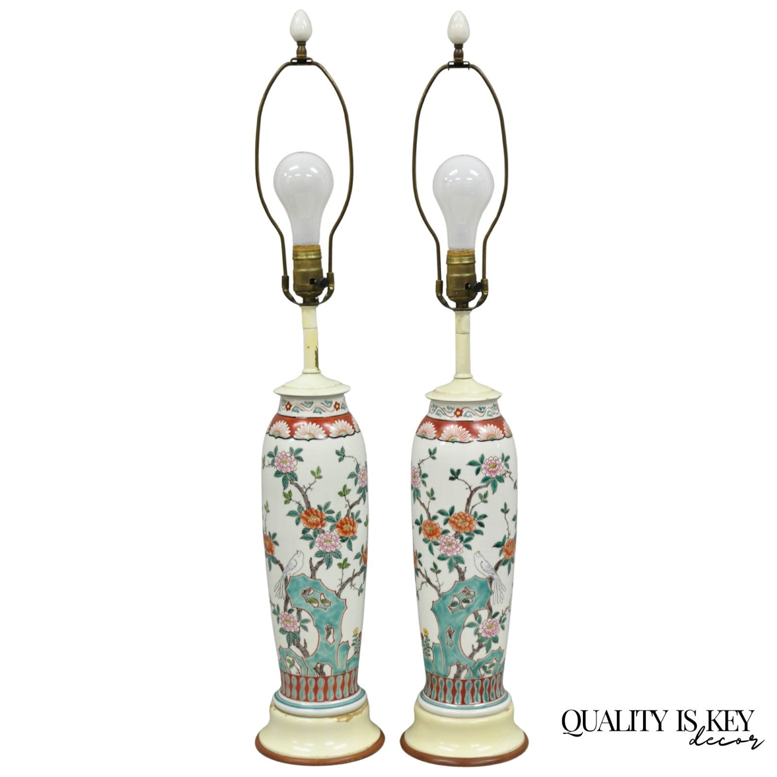 Vintage Chinoiserie Chinese Porcelain Jardinière Vase Flower Table Lamps - Pair