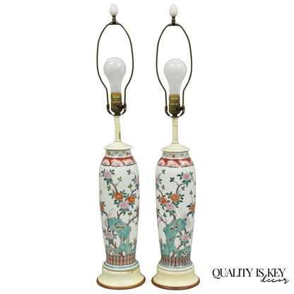 Vintage Chinoiserie Chinese Porcelain Jardinière Vase Flower Table Lamps - Pair