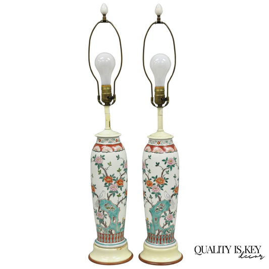 Vintage Chinoiserie Chinese Porcelain Jardinière Vase Flower Table Lamps - Pair