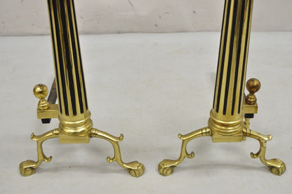 Vintage French Empire Style Brass Cannonball Column Form Branch Foot Andirons