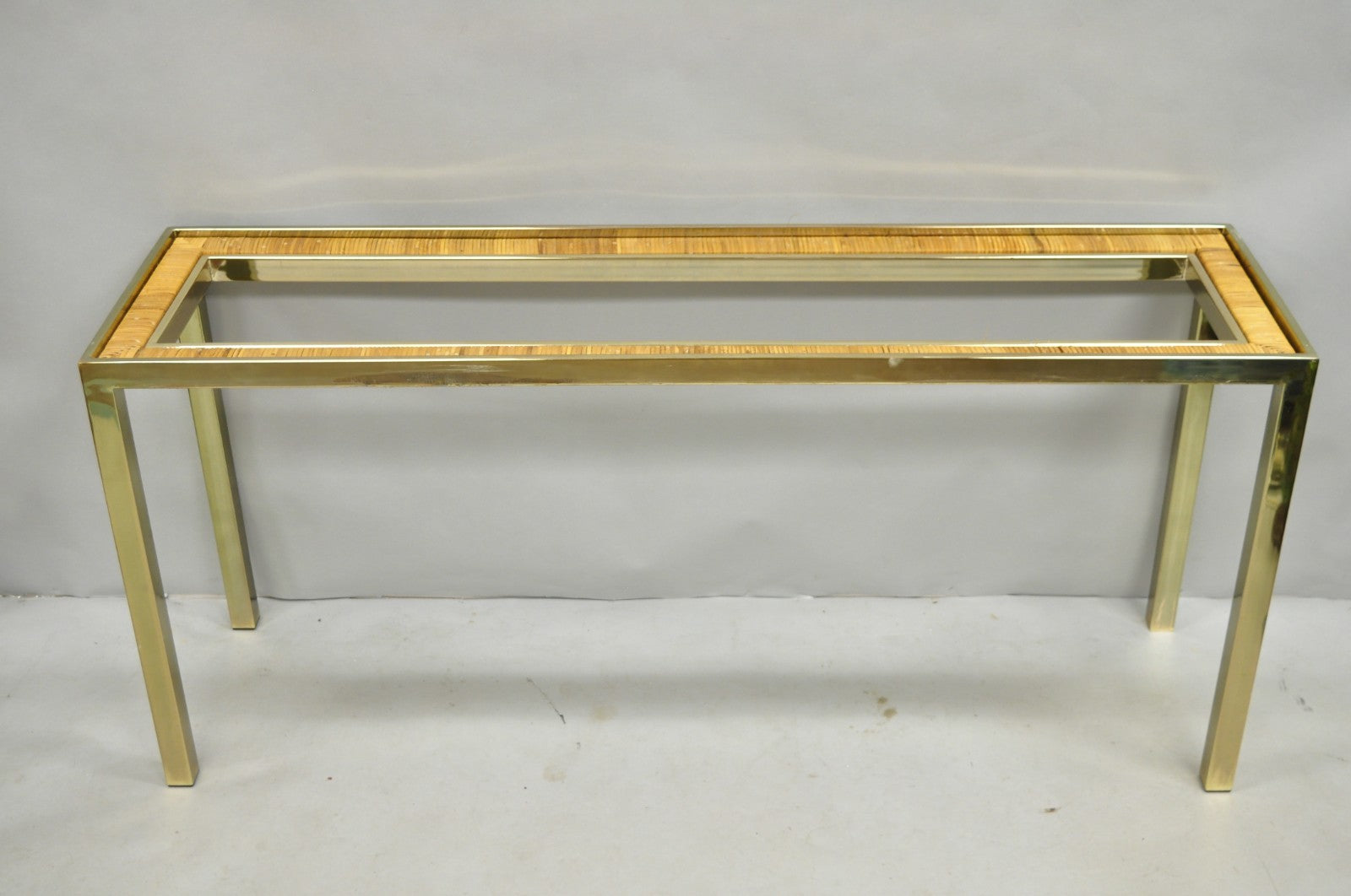 Vintage Mid Century Modern Brass Metal and Rattan Gold Console Hall Table
